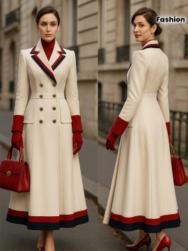 Fashion Trendy Color Blocked French Style Metal Double-Breasted Longline Peacoat