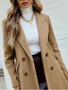 Women'S Chic Tweed Coat with Large Buttons - Long Winter Coat, Button-Up Front, Flap Pockets, and Belted Waist, Perfect for Fall and Winter, Winter Outerwear | Belted Waist Coat | Structured Design