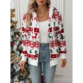 [Christmas Hooded Jacket] Christmas Plush-Lined Hooded Jacket | Festive Reindeer & Snowflake Design, Stretchy Polyester Blend, Machine Washable Winter Coat for Holiday Parties & Casual Outfits