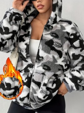Women'S Cozy Faux Fur Plush Hooded Jacket - Autumn Winter Warm Coat with Zipper Pockets, Elegant Long Sleeve Outerwear for Fall/Winter, Cozy Fall Wear | Hooded Coat | Zippered Jacket