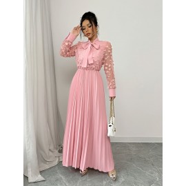 Elegant Women'S 3D Floral Mesh Dress with Bow Tie Neckline - Romantic Pink Pleated A-Line Long Sleeve Dress for Formal & Casual Occasions, Machine Washable Non-Stretch Wedding Attire, Dresses for Wedding, Formal Event Attire, Nonstretch Fabric