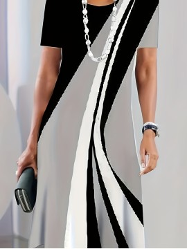 Women's Casual 3D Digital Print Striped A-Line Dress - Long Sleeve Round Neck Loose Fit with Contrast Stripes, Breathable Machine-Washable Spring/Summer Dress for Casual & Semi-Formal Occasions, Summer Fashion, Medium Elasticity Fabric