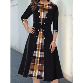 Patchwork Checkered Faux Two-Piece Vintage Dress