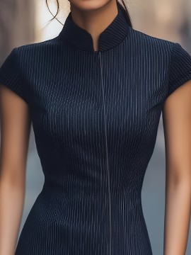 [Elegant Striped Dress] Elegant Women's Striped Dress with Pockets | Zip-Up, Stand Collar, Long Sleeve, Ribbed Texture, Black & White Vertical Stripes | Casual or Formal Occasions, Ladies Dresses