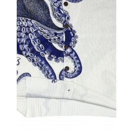 Women's 3D Printed Octopus Cardigan - Fashion All-Over Blue & White Tentacle Design, Button Front Round Neck Sweater for All-Season Wear, Casual Wear, Stylish Outerwear, Bold Pattern, Textured, Comfortable Fit