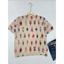 [All-Over Print] [Thin] [Sweater] All-Over Print Rabbit Woman Pattern Thin, Casual Crew Neck Short Sleeve Sweater, Women's Clothing Mother's Day Gift
