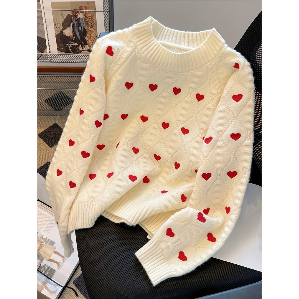 Women's Cozy Winter Sweater with Red Heart Patterns - Cute Round Neck Pullover, Soft Warm for Fall & Winter, Casual Chic Outfits, Cute Sweater, Comfortable Outfit, Details