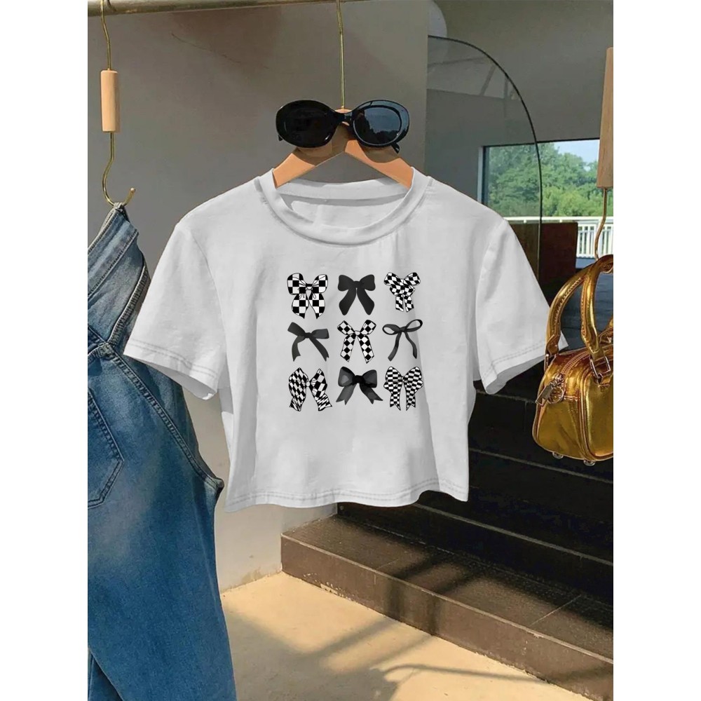 Women'S Slim Fit Bow Print Crop Top T-Shirt - Short Sleeve Crew Neck Casual Tee, Lightweight & Breathable for Spring/Summer Outfits, Machine Washable, Everyday Fashion, Everyday Tshirt | Bow Print Shirt | Glossy Texture