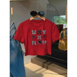 Women'S Slim Fit Bow Print Crop Top T-Shirt - Short Sleeve Crew Neck Casual Tee, Lightweight & Breathable for Spring/Summer Outfits, Machine Washable, Everyday Fashion, Everyday Tshirt | Bow Print Shirt | Glossy Texture