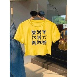 Women'S Slim Fit Bow Print Crop Top T-Shirt - Short Sleeve Crew Neck Casual Tee, Lightweight & Breathable for Spring/Summer Outfits, Machine Washable, Everyday Fashion, Everyday Tshirt | Bow Print Shirt | Glossy Texture