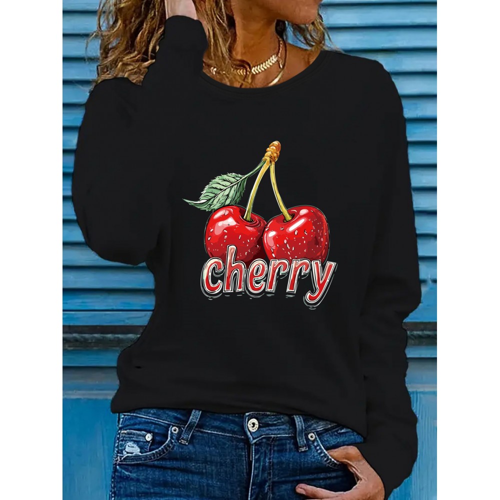 Women'S Cherry Graphic Long Sleeve T-Shirt - Vibrant Red Cherry Print, Casual Crew Neck, Machine Washable, Spring/Summer Vacation Top, Cherry Tshirt